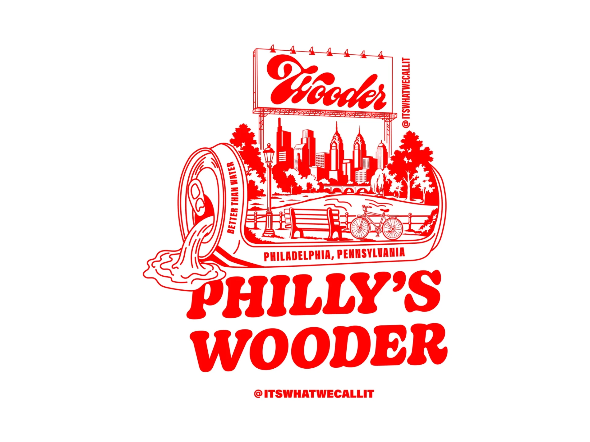 Philly's Wooder illustration with the Philadelphia skyline pouring from a Wooder can